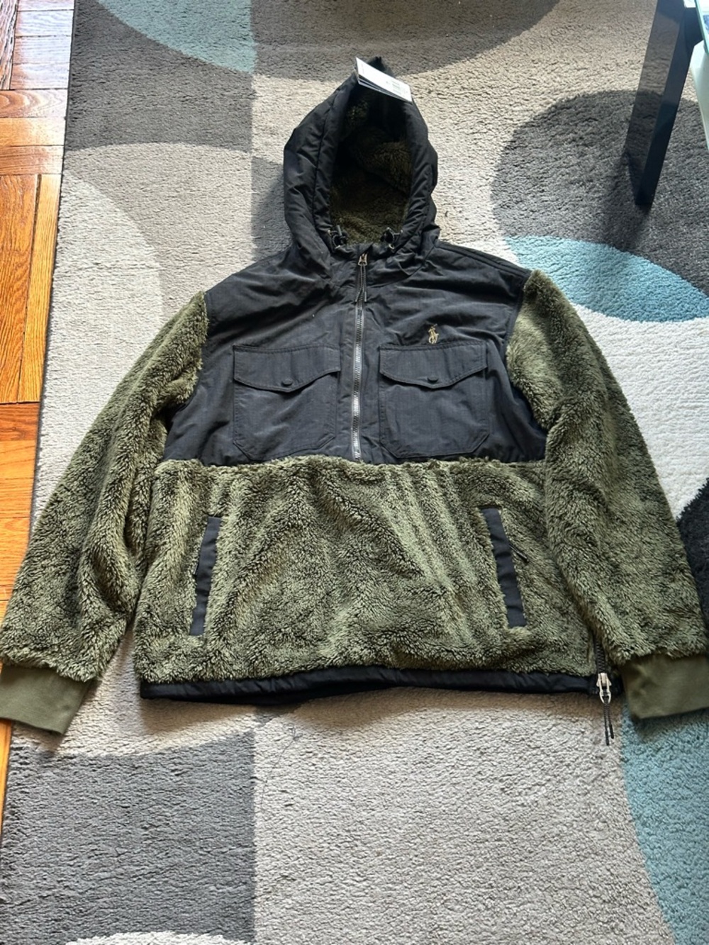 Polo by Ralph Lauren Olive Green and Black Hooded Sherpa Jacket